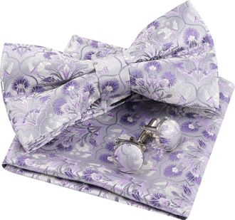 Alizeal Mens Floral Pre-tied Bow Tie, Pocket Square and Cufflinks for Wedding Party Business 3pc Set, Silver+Lilac