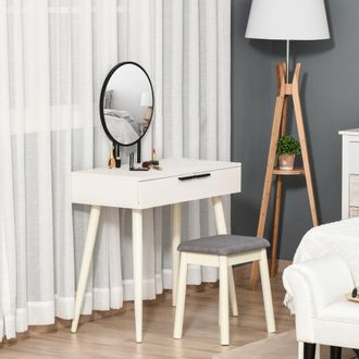 HOMCOM Dressing Table Vanity Set Makeup Desk With Round Mirror Cushioned Stool 2 Drawers For Bedroom Jewelry Storage Set - White Make Up & - Home Living | T