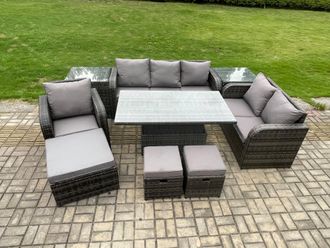 Fimous Rattan Outdoor Furniture Garden Dining Set Patio Height Adjustable Rising lifting Table Reclining Chair Sofa With 2 Side Tables Footstools