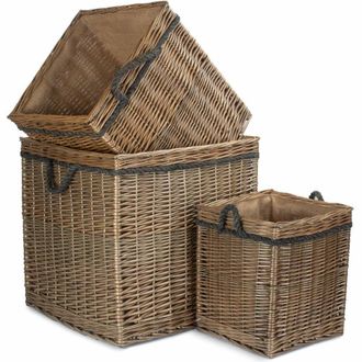 Red Hamper Set of 3 Antique Wash Square Storage Log Basket in Light Brown