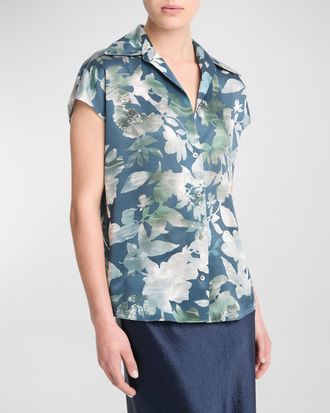 Vince Silk Shimmer Lake Ruched-Back Cap-Sleeve Blouse