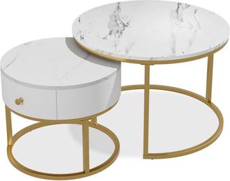 Vicco Juego De Mesa De Centro Madrid, M&aacute;rmol Blanco, 70 X 70 Cm, Mesa Peque&ntilde;a Con Caj&oacute;n, Vicco