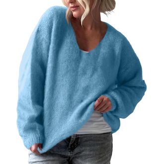 Generic Fluffy V Neck Oversized Jumpers for Women UK Soft Warm Long Sleeve Pullover Relaxed Fit Fuzzy Knit Chunky Sweater Top Cozy Casual Loungewear for Daily
