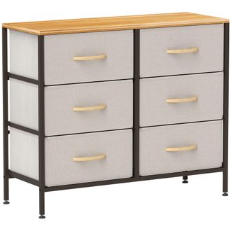 HOMCOM 6 Drawer Fabric Chest of Drawers w/ Wooden Top for Hallway - Cream | TJ Hughes