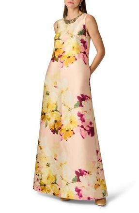 Aidan Mattox Beaded Print Mikado Gown in Gold Multi at Nordstrom, Size 12