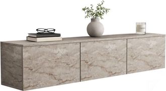 Dmora Mobile Porta tv Carosino, 3 Vani, 3 Ante, Apertura a Ribalta, 160x32x35h cm Beige Marmo