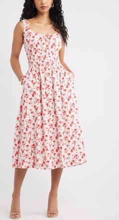 Open Edit Smocked Waist Midi Dress in Ivory- Pink Soft Hibiscus at Nordstrom, Size Xx-Small