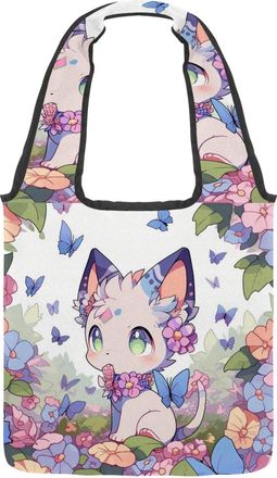 Generic Colorful Cartoon Kitten Reversible Canvas Shoulder Tote - Double-Sided Print, 12oz Cotton, 27cm Drop, Fold-Flat Bag for Travel, Shopping, Street Outin