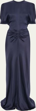 Victoria Beckham Gathered Waist Flutter-Sleeve Satin Gown