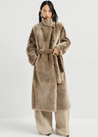 Brunello Cucinelli Shearling coat with belt and monili in Light Brown at Nordstrom, Size 40