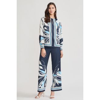 Ming Wang Floral Abstract Crepe de Chine Blouse in Indigo/white/serene at Nordstrom, Size Xx-Small