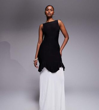 KAIIA Esclusiva Kaiia - Vestito lungo aderente accollato nero con volant e fondo in chiffon aperto sul retro