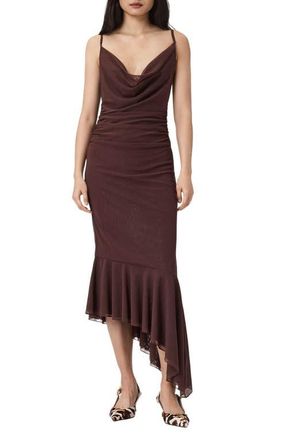 AllSaints Bea Asymmetric Hem Mesh Midi Dress in Bitter Brown at Nordstrom, Size 10 Us