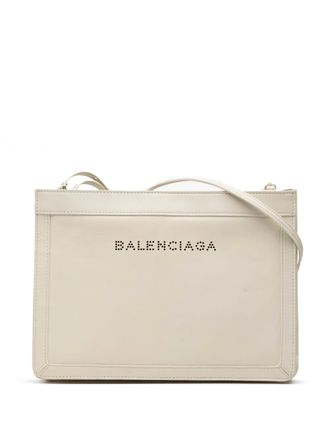 Balenciaga 2017 Leather Perforated Logo Navy Pochette crossbody bag - Bianco