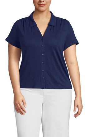 Lands End Plus Size Linen Blend Short Sleeve Button Front Polo Top in Deep Sea Navy at Nordstrom, Size X-Large P