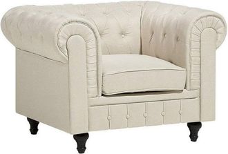 Beliani Sill&oacute;n Tapizado De Tela Beige Patas De Madera Oscura Estilo Contempor&aacute;neo Chesterfield