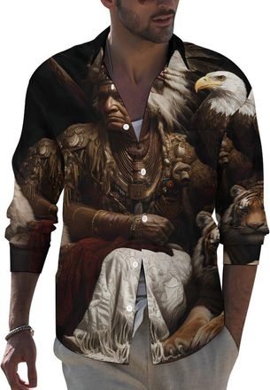 Generic Native US Indian Chief Animals Mens Hawaiian Shirts Long Sleeve Button Down Dress Shirt Beach Work T-Shirts XL