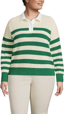 Lands End Drifter Rugby with Woven Collar Sweater in Vibrant Clover Stripe at Nordstrom, Size 3X