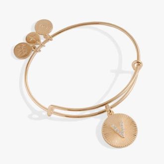 Alex and Ani Pave Starburst Texture Initial Bangle Bracelet in Gold - V at Nordstrom