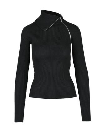 Sportmax Ribbed Turtleneck Sweater with Asymmetrical Silver Zipper Detail