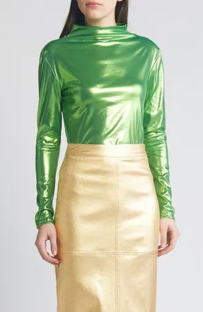 Nikki Lund Liquid Metallic Mock Neck Top in Green at Nordstrom, Size Medium