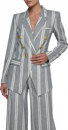L'agence Kendi Double-Breasted Blazer In Grey/ivory Stripe