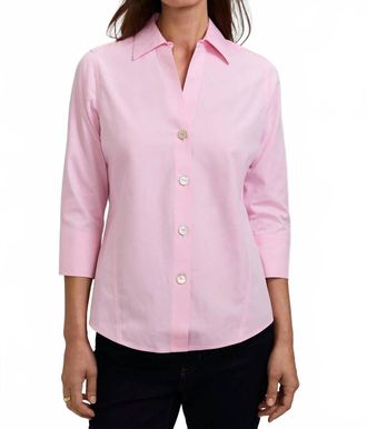 Foxcroft Paityn No Iron 3/4 Sleeve Top In Chambray Pink
