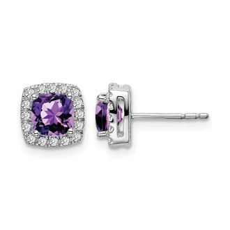 Diamond2Deal 14k White Gold Cushion Amethyst and Diamond Halo Stud Earrings