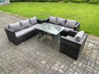 Fimous Wicker PE Rattan Garden Dining Set Outdoor Furniture Sofa with Patio Dining Table Armchair 7 Seater Grey in Dark Grey
