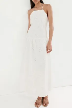 Mango Embroidered Cotton Halter Dress in Off White at Nordstrom, Size 10
