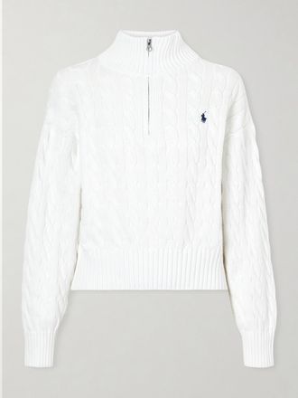 Polo Ralph Lauren Pullover In Cotone A Trecce Con Logo Ricamato E Mezza Zip - Bianco