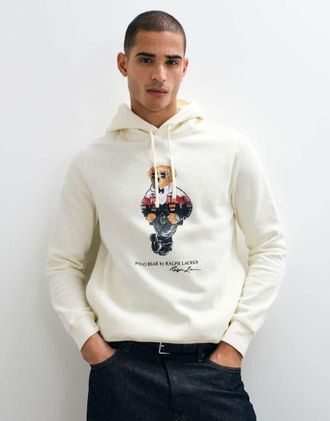 Polo Ralph Lauren felpa con cappuccio con stampa orso grigio chiaro