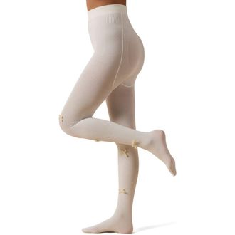 MeMoi Velvet Bow Rib Cotton Tights in Ivory at Nordstrom, Size Medium