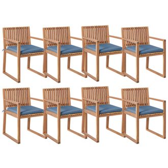 Beliani Conjunto De 8 Sillas De Jard&iacute;n R&uacute;stico Con Cojines Madera De Acacia Certificada Poli&eacute;ster Marr&oacute;n Y Azul Sassari Premium