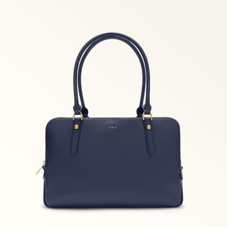 Furla Giulia Borsa Boston L Mediterraneo Blu Pelle Stampata + Camoscio Donna
