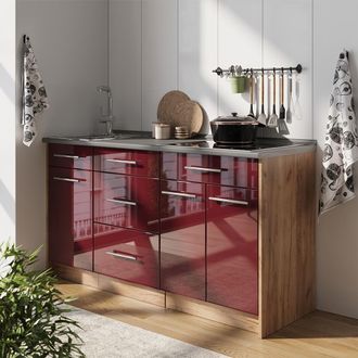 Vicco Bloque De Cocina Fame-line, Rojo Burdeos Alto Brillo, 150 Cm, Et Antracita, Vicco