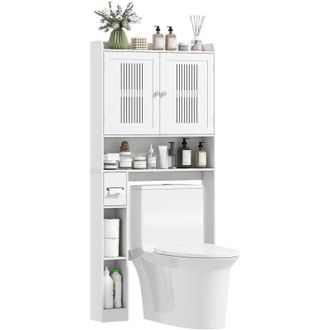 HOMCOM Homcom - estantería sobre inodoro con estante ajustable 2 puertas soporte para papel higiénico y estantes abiertos ahorra espacio para baño blanco