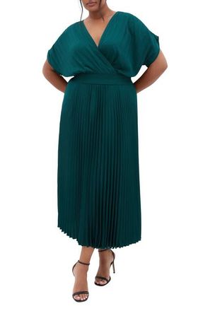 City Chic Elia Faux Wrap Pleated Dress in Emerald at Nordstrom, Size Xxxs