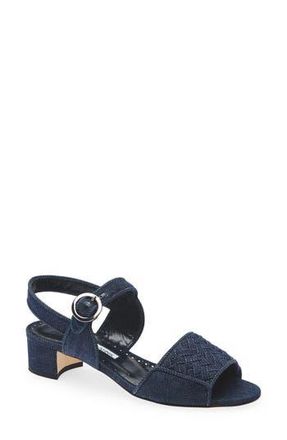 Manolo Blahnik Vibius Block Heel Slingback Sandal in Dark Blue Chambray at Nordstrom Rack, Size 8Us / 38Eu