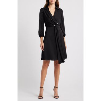 Vince Camuto Faux Pearl Clasp Detail Satin Shirtdress in Black at Nordstrom Rack, Size 10