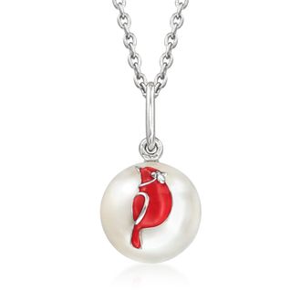 Ross-Simons 8.5-9mm Cultured Pearl and Red Enamel Cardinal Pendant Necklace in Sterling Silver