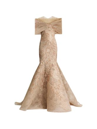 Gemy Maalouf Avondjurk met bloemenprint - Beige