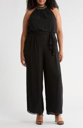 Eliza J Crystal Embellished Sleeveless Wide Leg Jumpsuit in Black at Nordstrom Rack, Size 18W