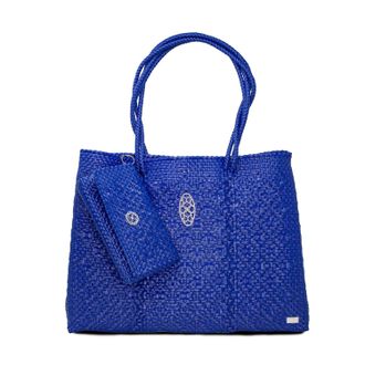 Lola's Bag Womens Travel Woven Tote Bag With Clutch In Navy Blue