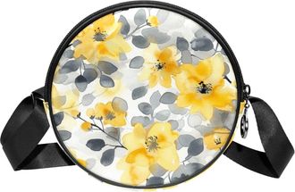 Generic Circle Crossbody Bag for Women, Floral Leaves Small Sling Bag Daypack with Zipper Adjustable Shoulder Straps Casual Ladies Girls Round Purse