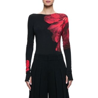Alice & Olivia Masako Print Bodysuit in Peony Petals Bright Ruby at Nordstrom Rack, Size Small