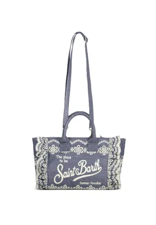 MC2 Saint Barth Rectangular Blue Tote Bag with Lace-Embroidered Edges