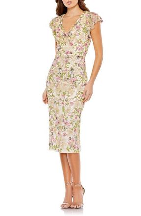 Mac Duggal Floral Embellished Flutter Cap Sleeve Dress in Cream Multi at Nordstrom, Size 10
