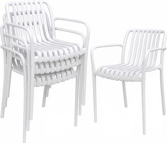 OUTSUNNY Juego De 4 Sillas De Jard&iacute;n Exterior Apilables, Sillas Terraza Exterior De Pp Con Respaldo Curvado, Asiento Listones, 55x58,5x81,5 Cm, Blanco