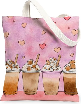 Generic Coffee Cups Canvas Tote Bags, Cute Beverage Art Pattern Reusable Grocery Bags, Spring Lightweight Washable Shoulder Strap C, Peach, 13x15 Inch